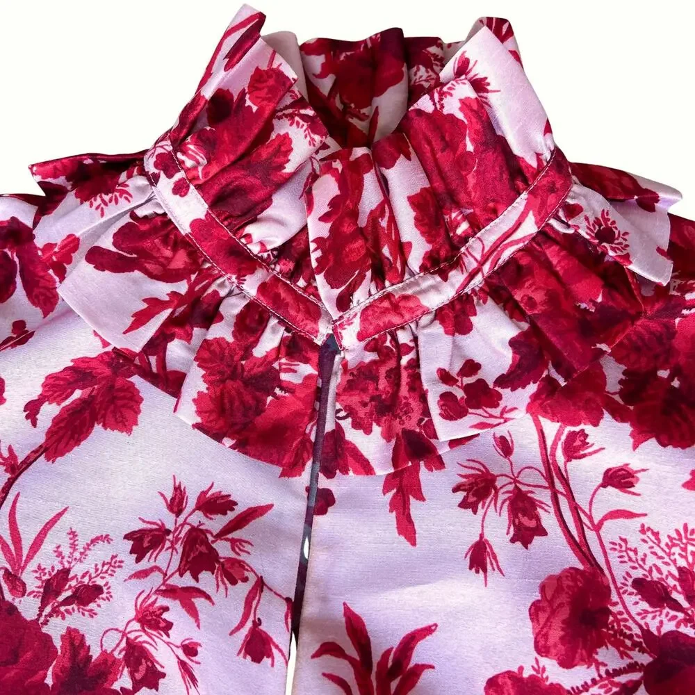 Tuckernuck‎ Zinnia Bloom Bouvier Blouse | Size XXS | Red Floral Ruffle Neck